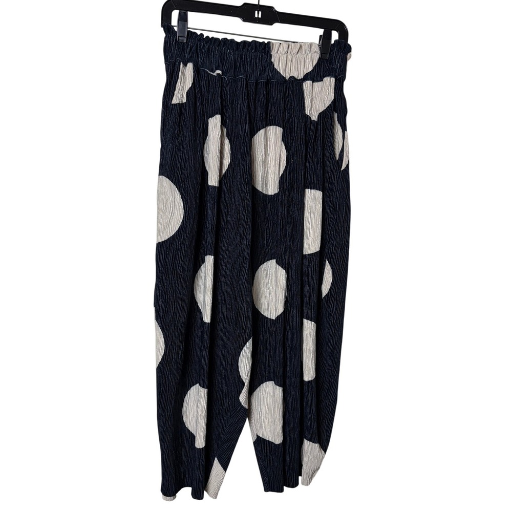 Navy Cream Polka Dot Plisse Wide Leg Pants Elastic Waist High Rise‎ Trousers